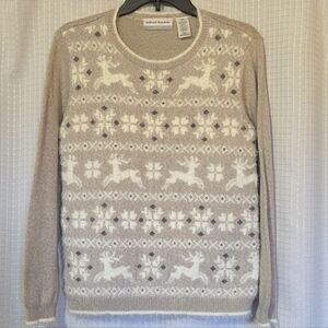 Alfred Dunner Womens Fuzzy Sweater Gray White Reindeer Holiday Christmas Size MP
